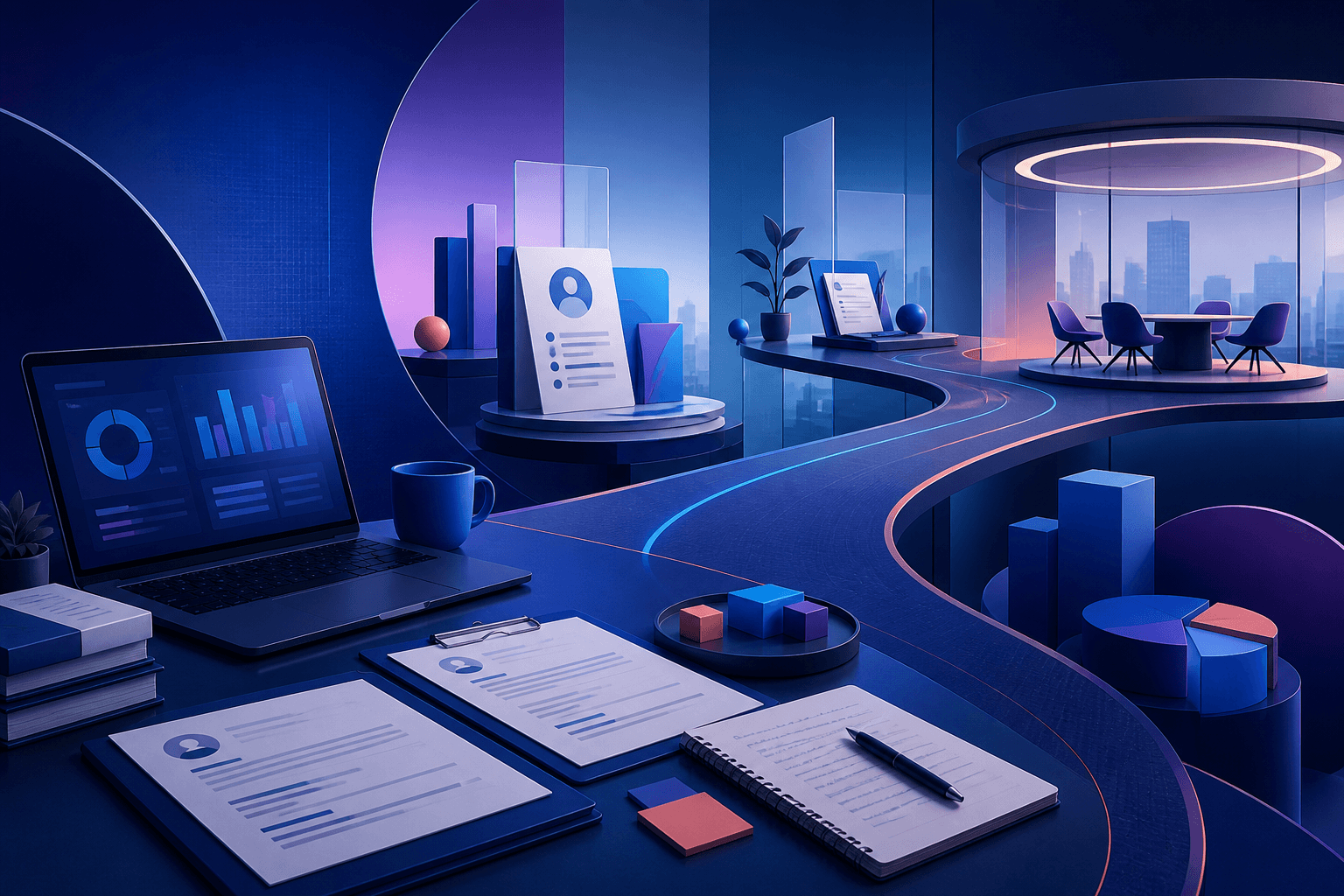 Editorial illustration for a guide on how to get a job at Deloitte, showing a modern consulting workspace with charts, folders, laptop screens, and abstract shapes in dark blue, violet, and cyan.