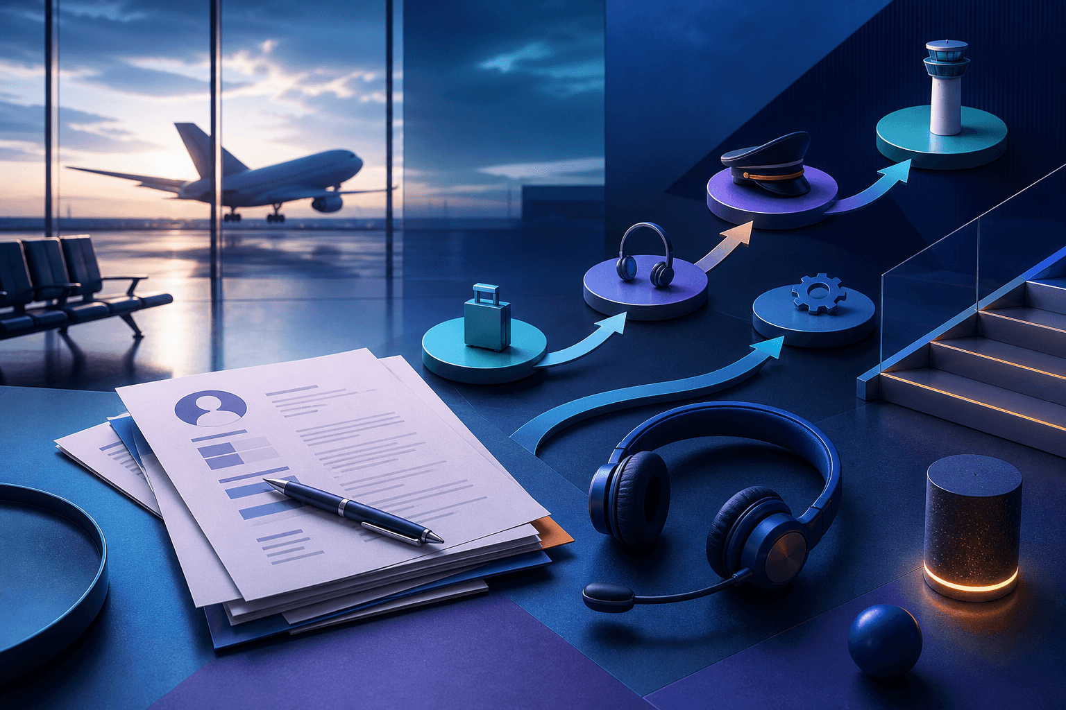 Modern editorial illustration for a Delta Air Lines hiring guide, showing an airport, aircraft, resume documents, interview notes, and abstract career-path graphics in dark blue and violet tones.