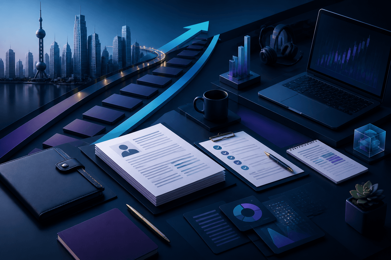Editorial illustration of a candidate preparing for a Deutsche Bank job application with resume pages, interview notes, and finance-themed workplace icons.