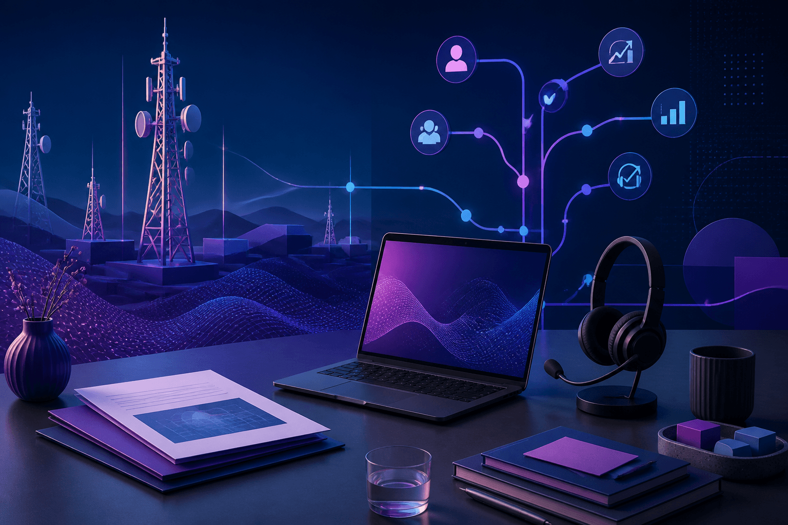 Modern editorial illustration for a guide on getting hired at Deutsche Telekom, showing telecom, IT, and teamwork themes in a dark blue, violet, and cyan palette.