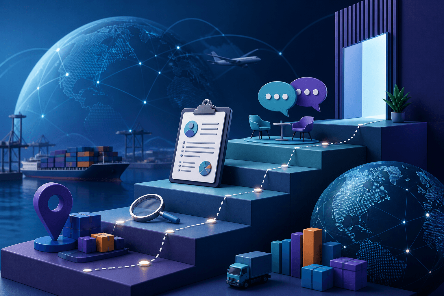 Editorial illustration of global logistics hiring with boxes, routes, and interview icons for a DHL Group job guide