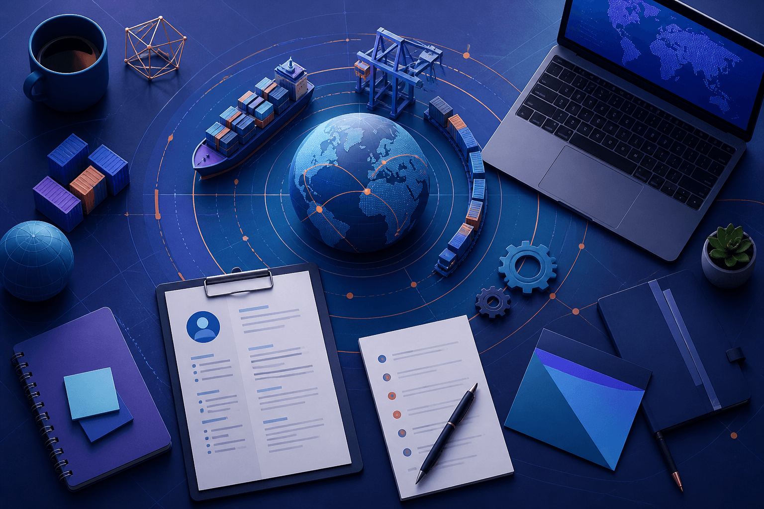 Editorial illustration for a DP World job-search guide showing logistics, engineering, and hiring prep elements in a modern workplace scene.