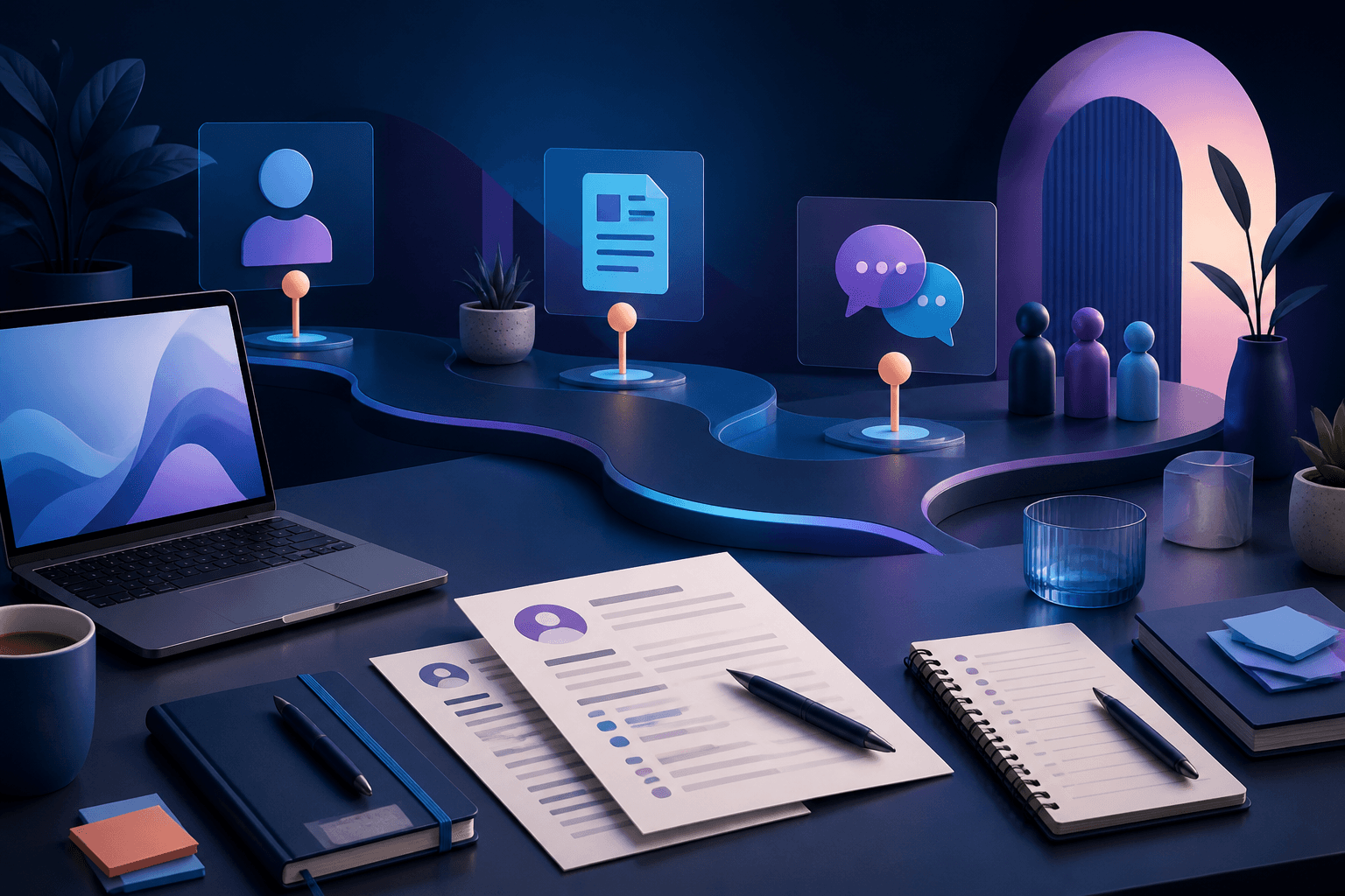 Editorial illustration for a guide on how to get a job at Dropbox, showing a remote hiring workspace with laptop, resume pages, interview notes, calendar blocks, and abstract collaboration shapes in dark blue, violet, and cyan.