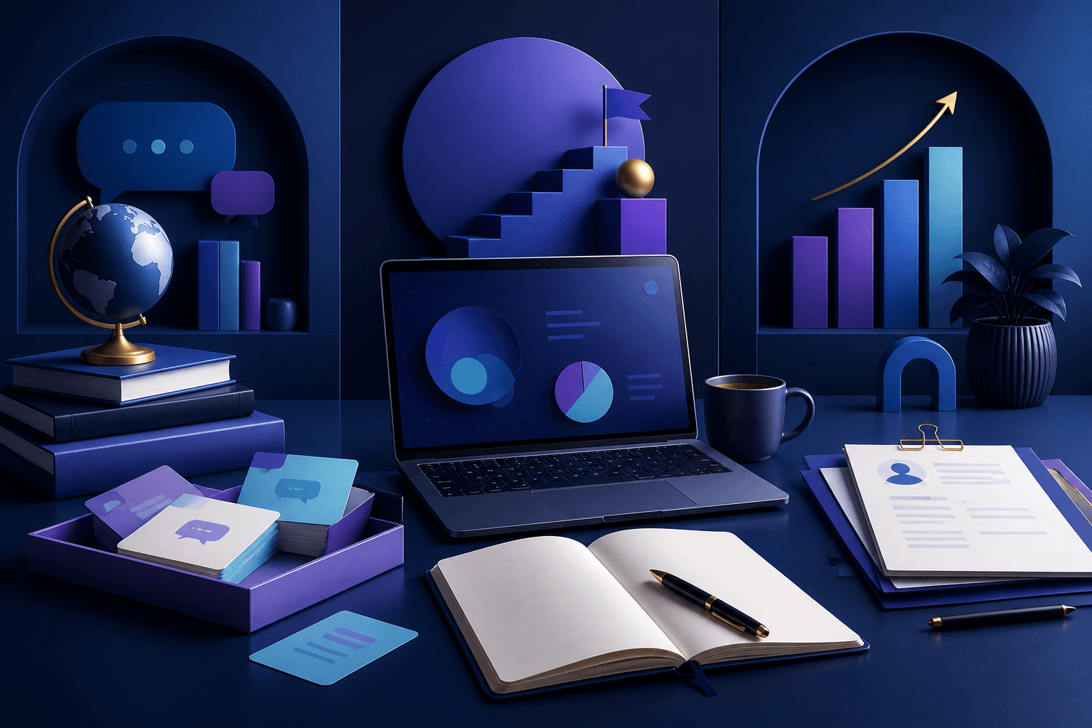 Editorial illustration for a guide on how to get a job at Duolingo, showing a modern workspace with a laptop, notebook, interview notes, and abstract learning-themed shapes.