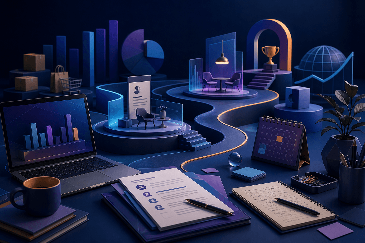 Modern editorial illustration for a guide on how to get a job at eBay, showing a job-search workspace with resume pages, interview notes, laptop, and abstract retail and data symbols in a dark blue and violet palette.