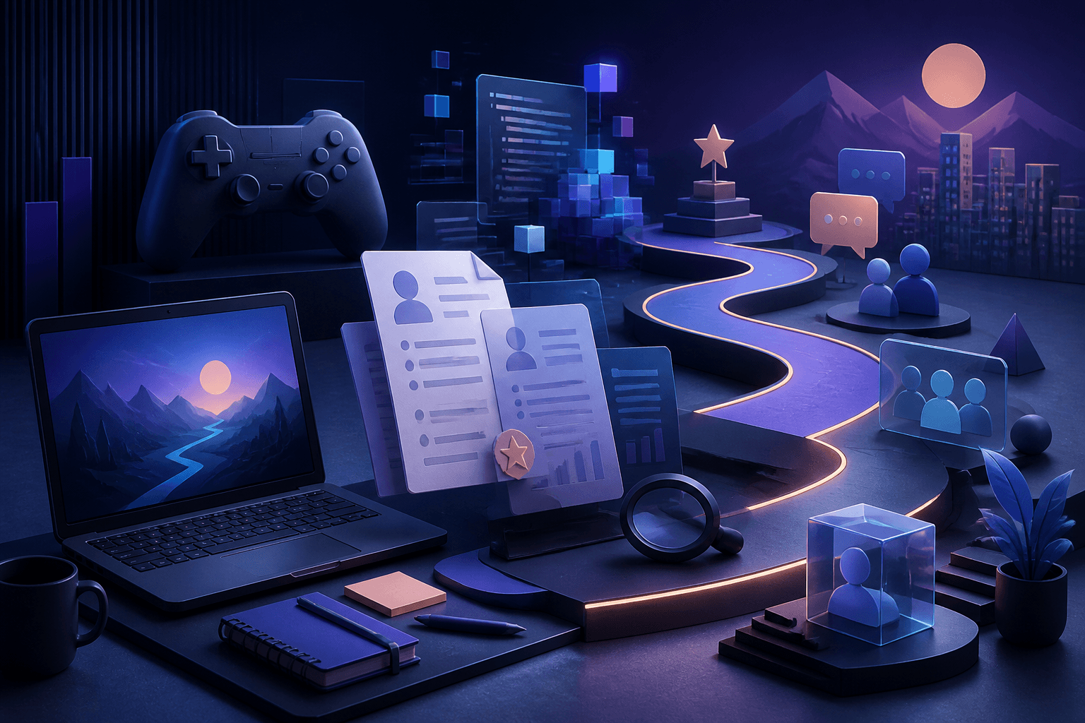 Editorial illustration for a guide on how to get a job at Electronic Arts, showing a modern hiring workspace with abstract gaming, technology, and collaboration elements.