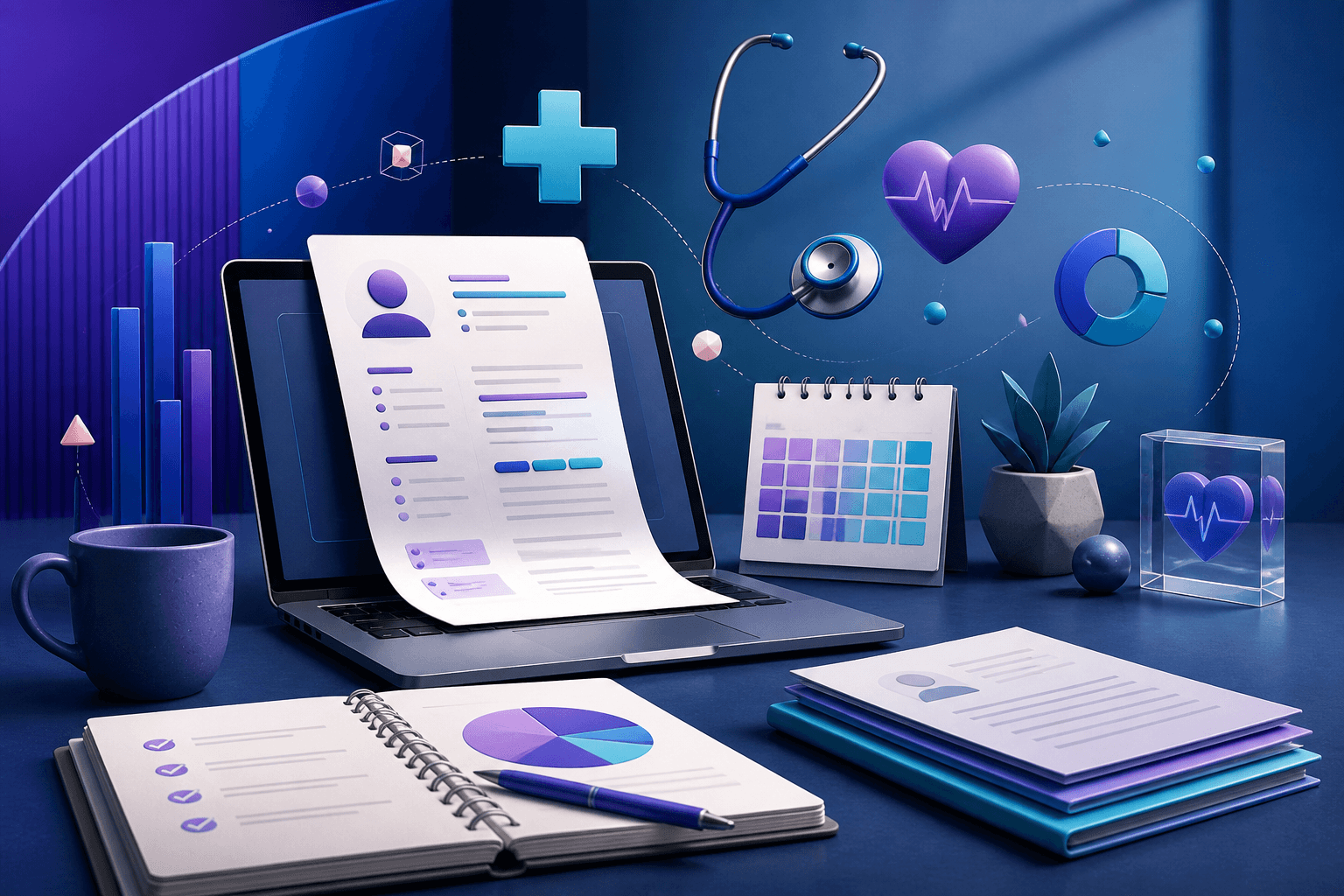 Editorial illustration for a guide on getting hired at a healthcare employer, showing a laptop, resume pages, interview notes, and abstract healthcare and data elements.