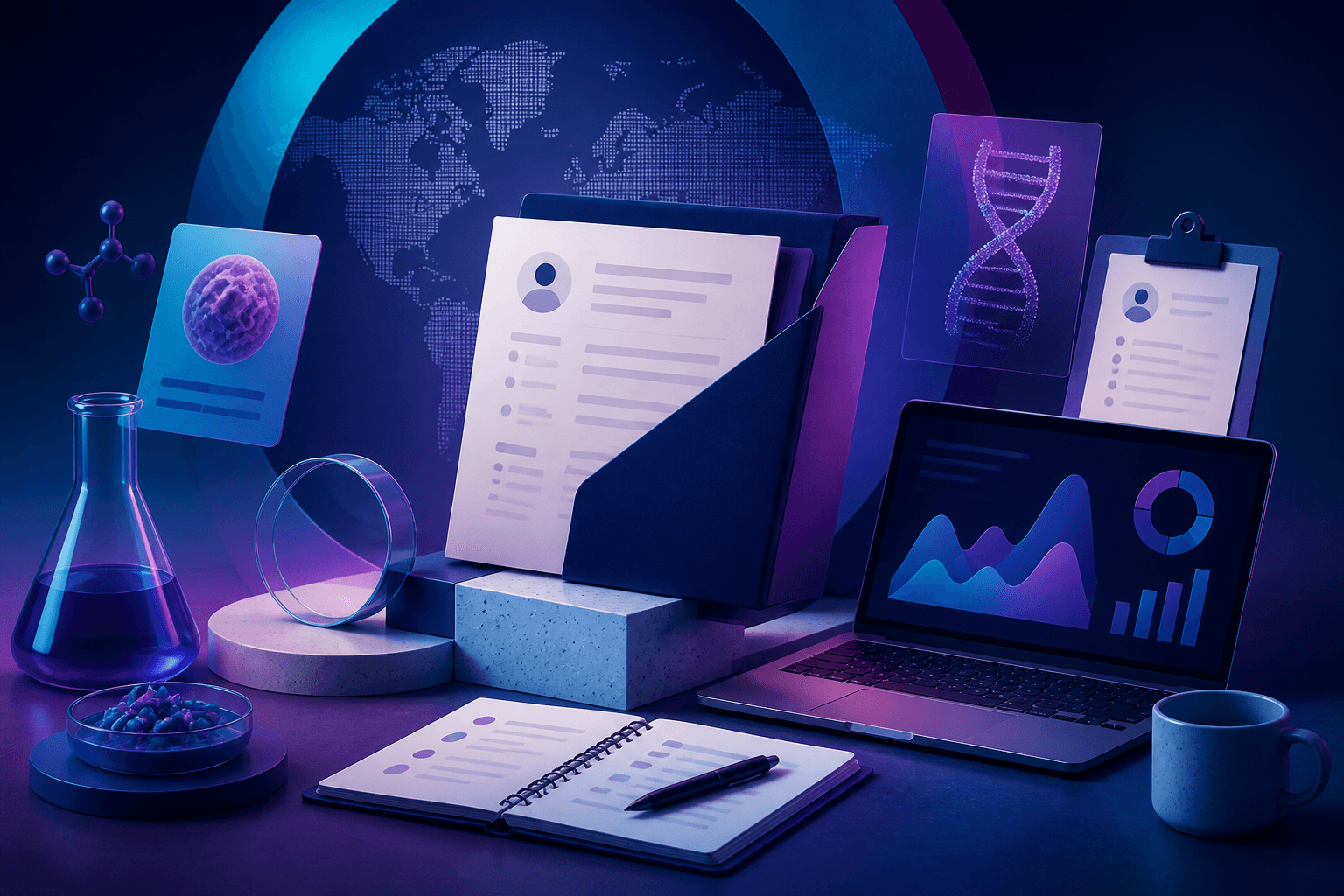 Editorial illustration for a guide on how to get a job at Eli Lilly, showing a job search workspace with resume pages, interview notes, and healthcare industry symbols in a dark blue and violet theme.