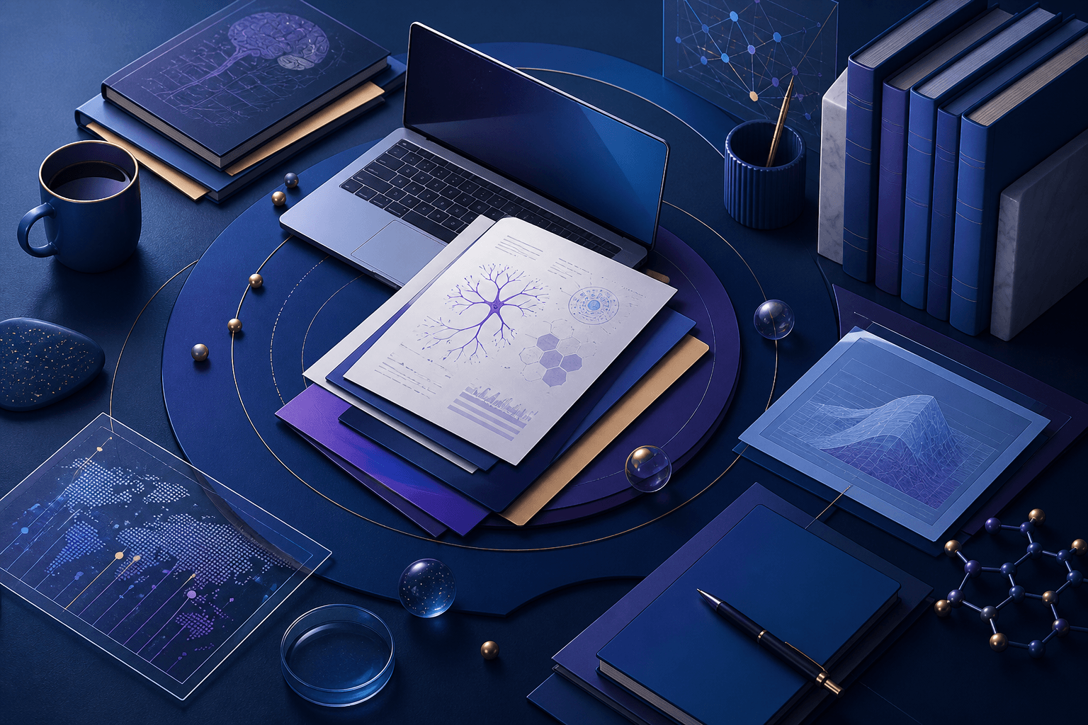 Editorial illustration for a guide on how to get a job at Elsevier, showing a modern workspace with abstract documents, research and healthcare symbols, and a dark blue, violet, and cyan palette.