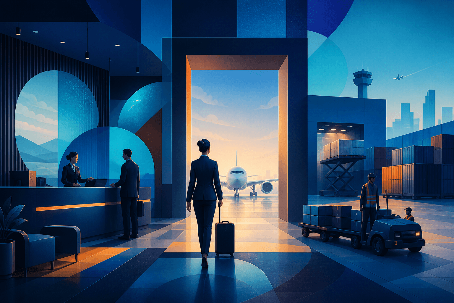 Editorial illustration for a guide on how to get a job at Emirates, showing airport, cargo, and service work elements in a modern hiring theme.