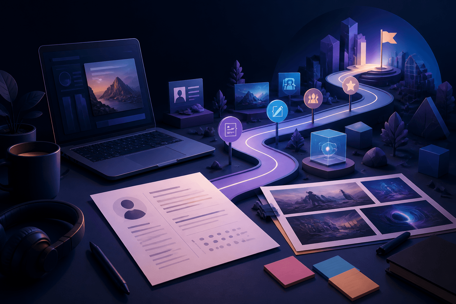 Editorial illustration for a guide on how to get hired at Epic Games, showing a modern job search workspace with resume pages, a portfolio screen, and creative tech objects in a dark blue and violet palette.