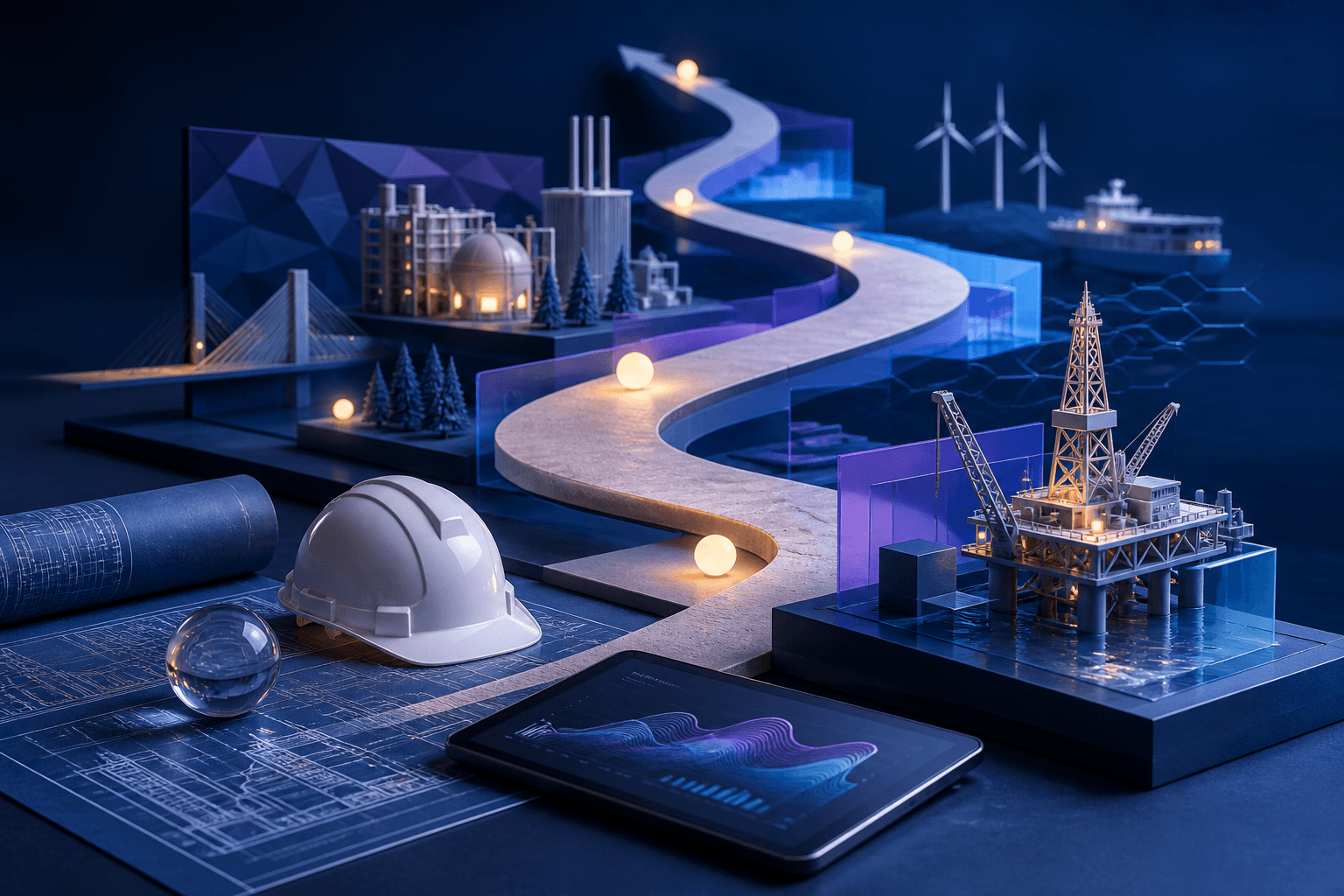 Editorial illustration for a guide on how to get a job at Equinor, showing an energy industry workstation, engineering tools, data charts, and abstract workplace shapes.
