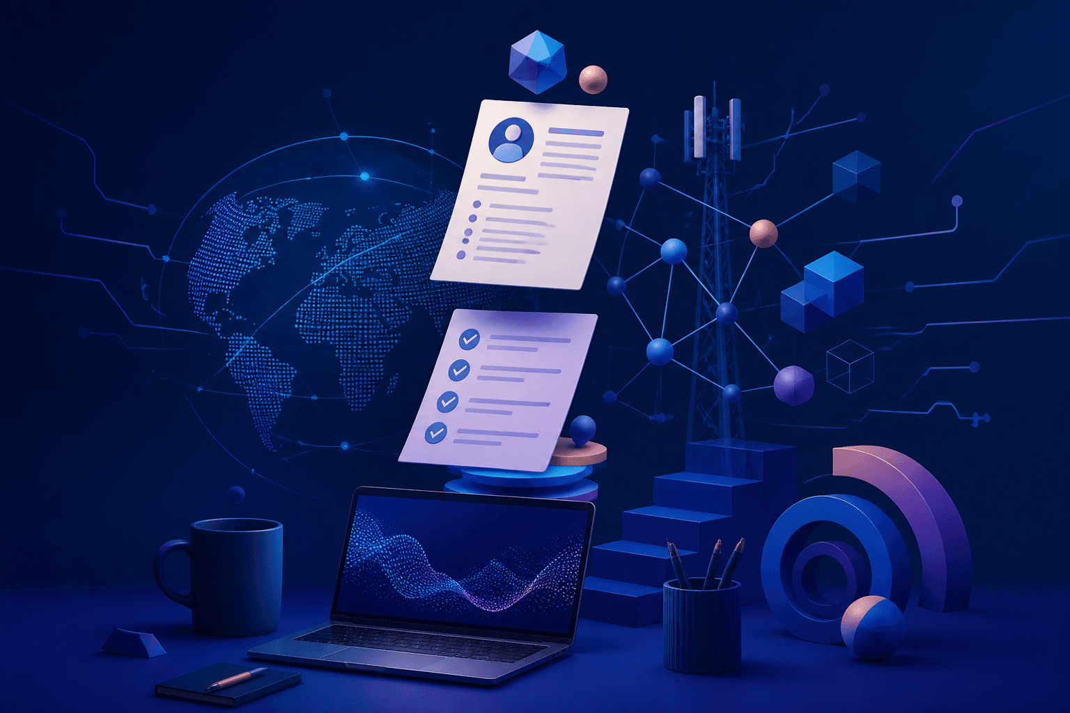 Editorial illustration for a guide on how to get a job at Ericsson, showing a modern technology hiring scene with abstract network nodes, a resume document, interview checklist, and workplace objects in a dark blue and violet palette.