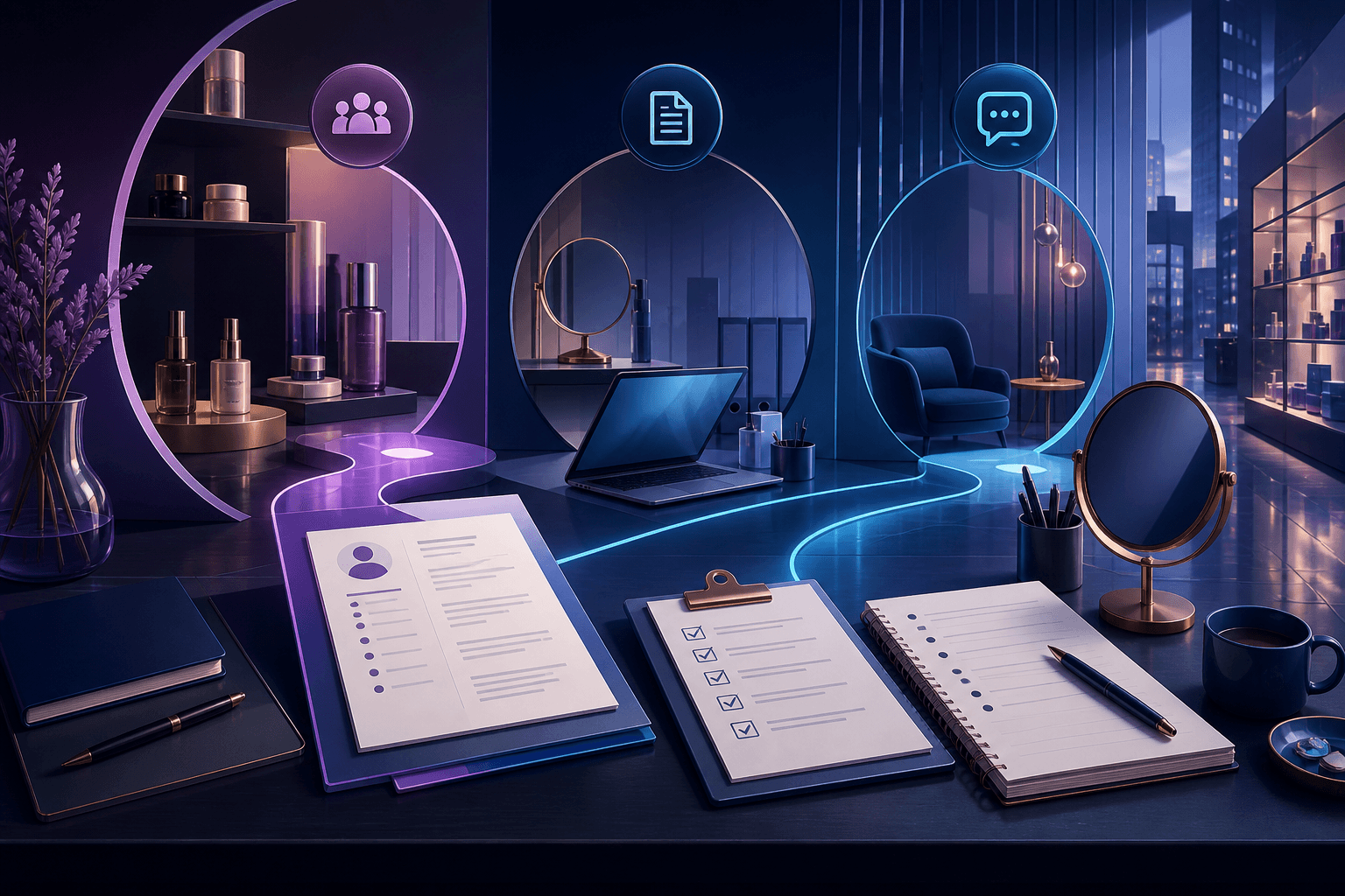 Editorial illustration for a guide on how to get a job at Estee Lauder, showing a polished workplace desk with a resume, laptop, interview notes, and abstract beauty-industry accents in dark blue, violet, and cyan.