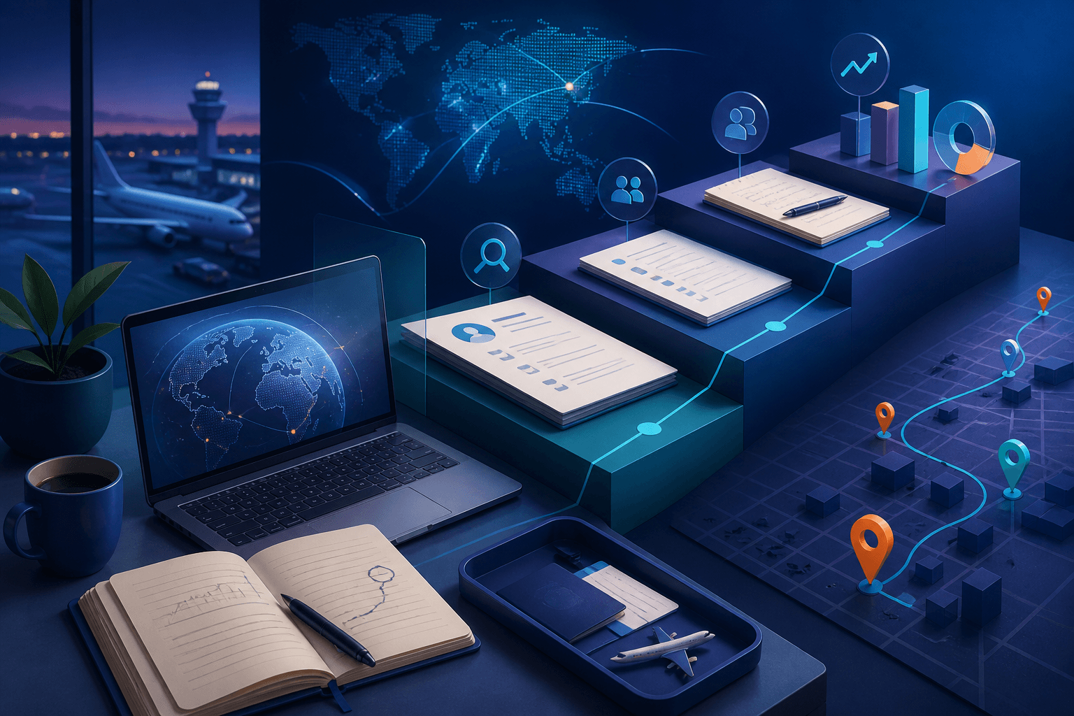 Editorial illustration for a guide on how to get a job at Expedia Group, showing a travel-tech hiring theme with laptop, route lines, documents, and abstract office elements in dark blue, violet, and cyan.