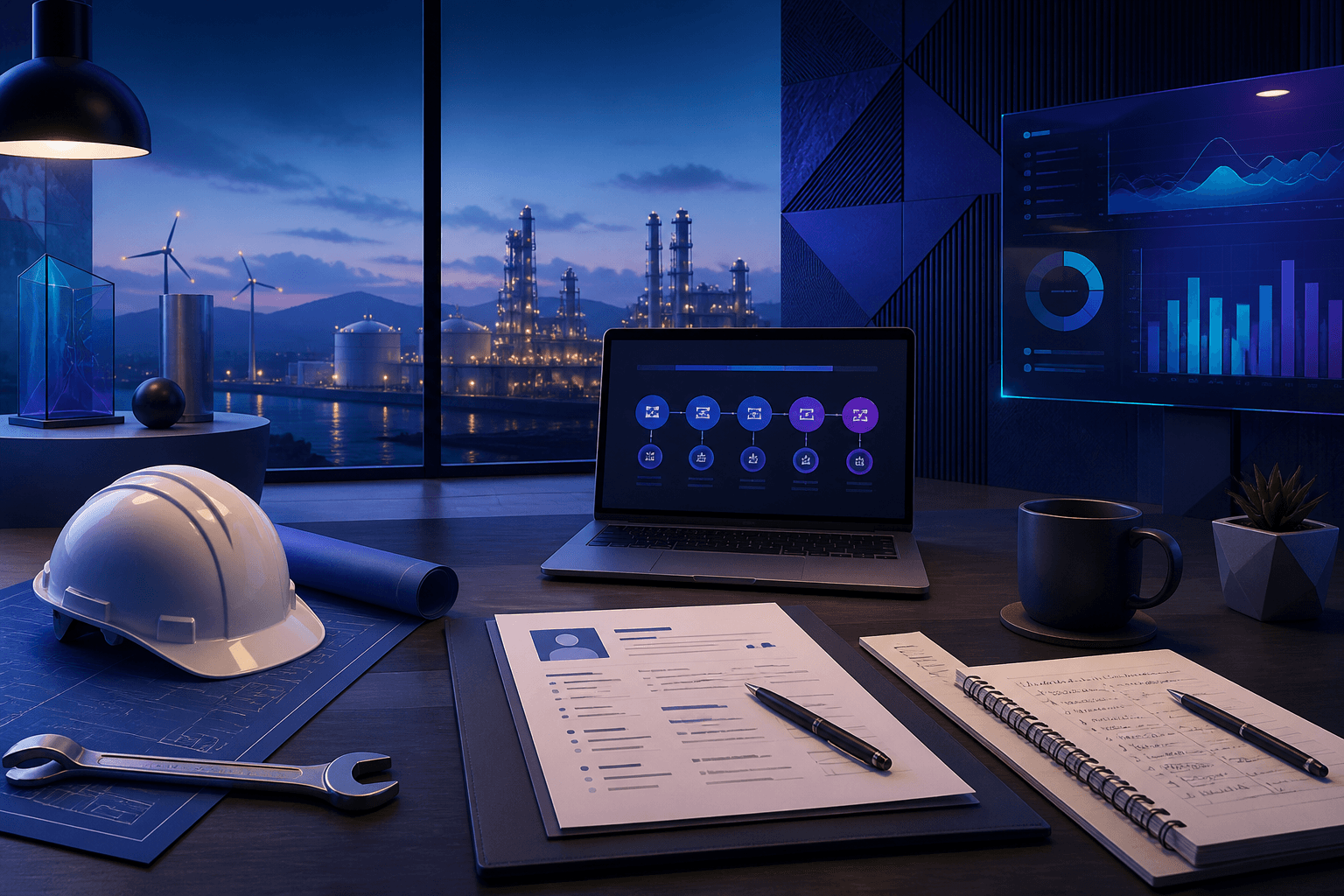 Editorial illustration for a guide on how to get a job at ExxonMobil, showing a job seeker reviewing a resume, interview notes, and a hiring workflow in a modern office setting.