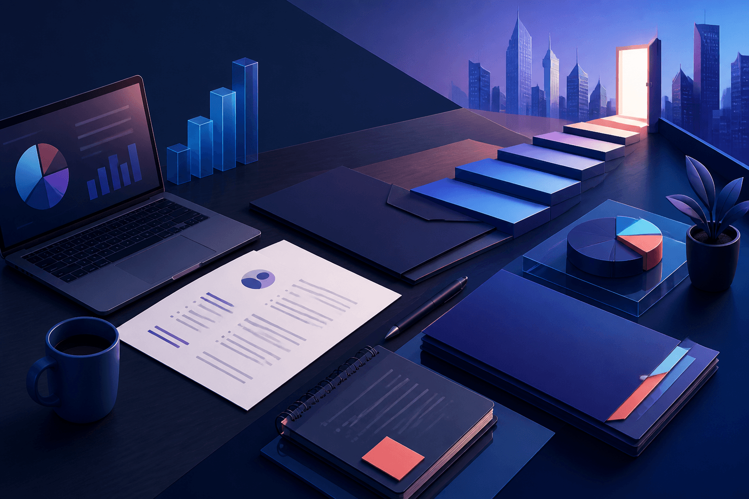 Editorial illustration for a guide on how to get a job at EY, showing a consulting workspace with documents, charts, and interview prep materials in a dark blue and violet theme.