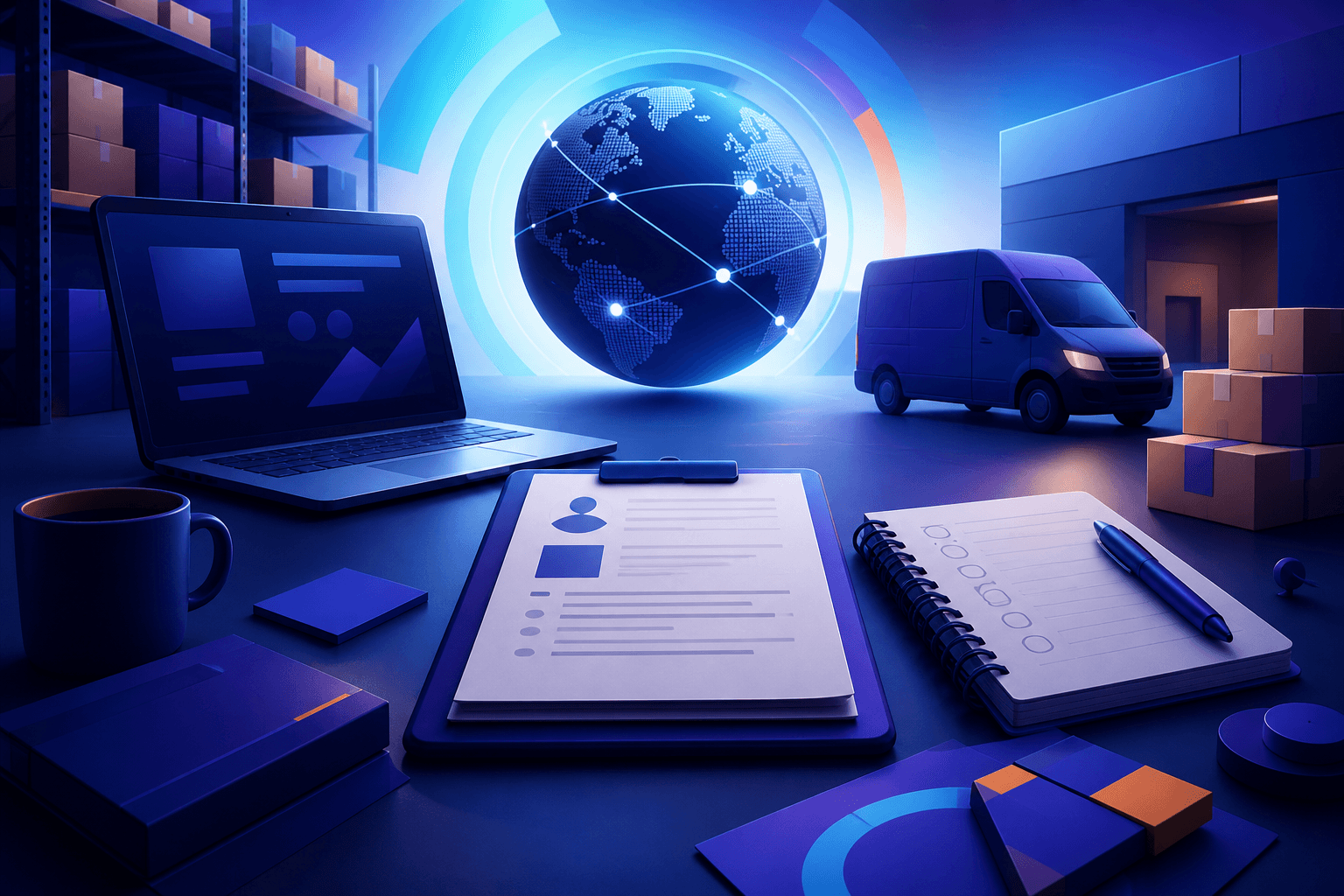 Editorial illustration for a guide on how to get a job at FedEx, showing logistics workspace objects, a resume page, and interview prep elements.