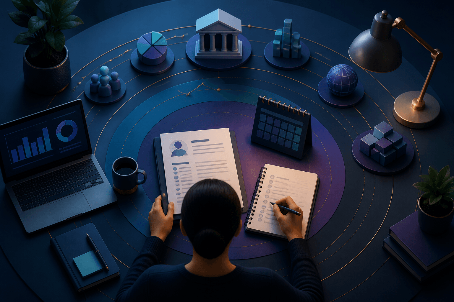 Editorial illustration for a guide on how to get a job at Fidelity Investments, showing a job seeker preparing a resume, interview notes, and career path icons in a finance-themed workspace.
