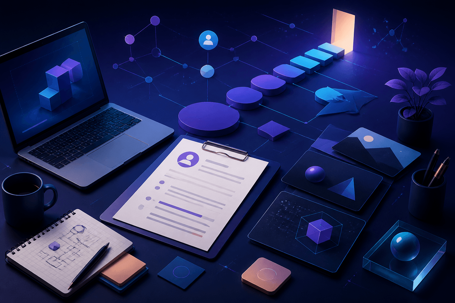 Editorial illustration for a guide on how to get a job at Figma, showing a modern hiring workspace with resume pages, interview notes, and abstract technology shapes.