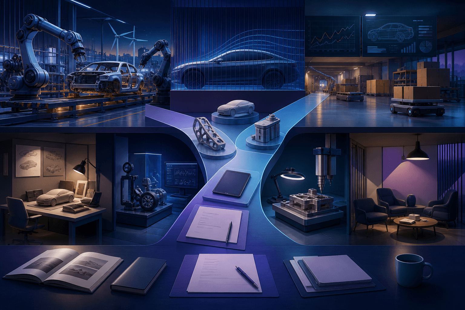 Editorial illustration for a Ford job-search guide showing a modern manufacturing and technology workplace with abstract vehicles, factory equipment, data panels, and diverse workstations.