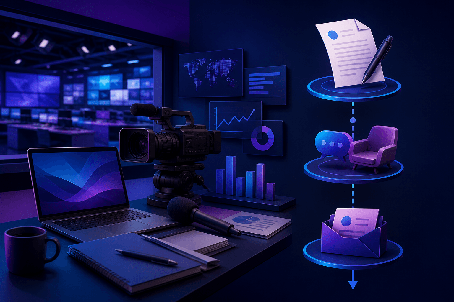 Editorial illustration for a guide on getting hired at Fox Corporation, showing a modern newsroom, broadcast gear, laptop, and abstract career path elements.