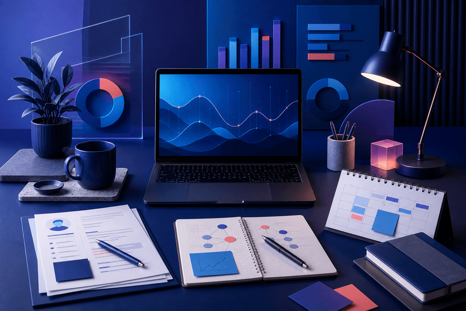 Editorial illustration for a job search guide about Gartner hiring, showing a modern workplace desk, interview notes, and abstract analytics shapes in dark blue, violet, and cyan.