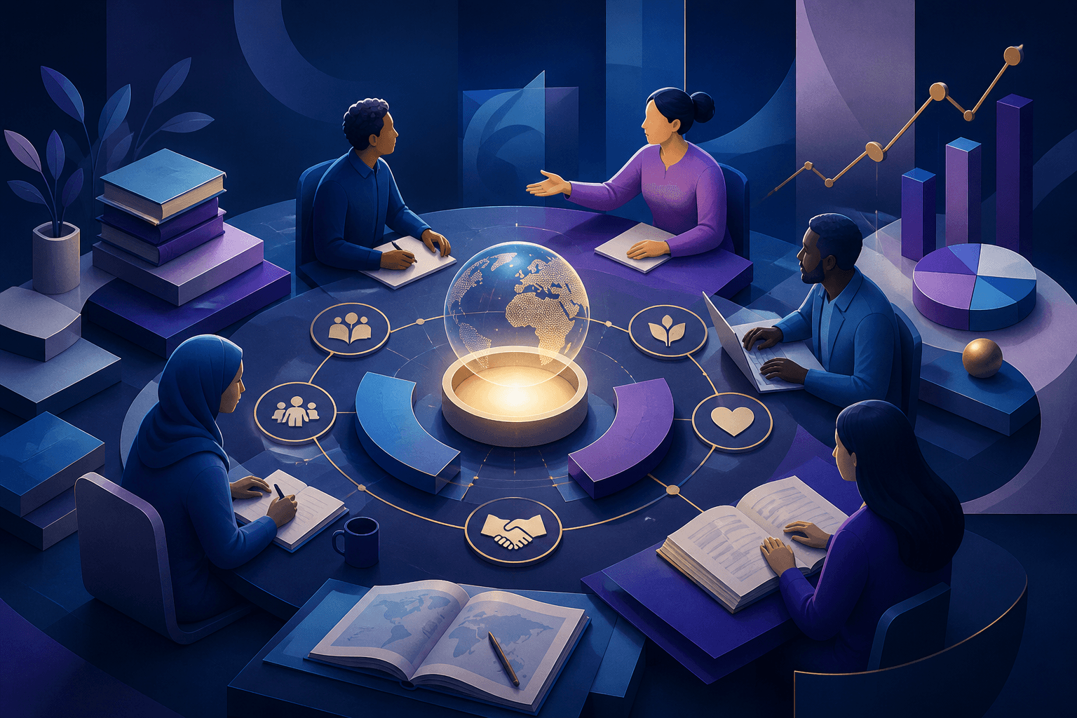 Editorial illustration for a hiring guide about Gates Foundation, showing a mission-driven workplace with abstract collaboration and research elements.