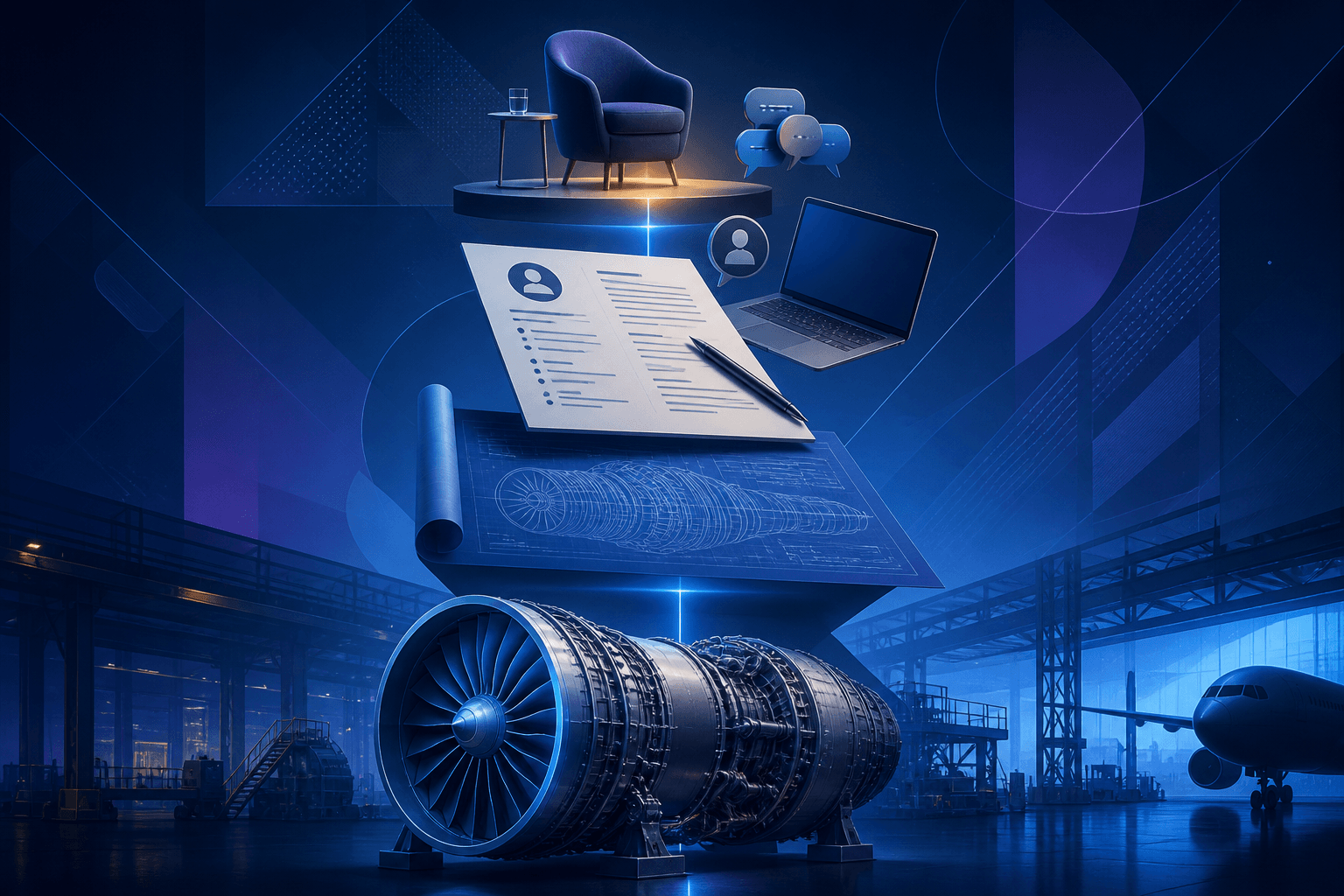 Editorial illustration for a guide on getting hired at GE Aerospace, showing aerospace engineering, manufacturing, and hiring prep themes in a modern abstract style.