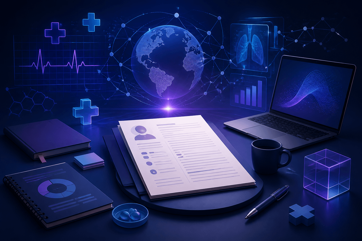 Editorial illustration for a guide on how to get a job at GE HealthCare, showing healthcare and technology workspaces, abstract data shapes, and a modern hiring journey theme.