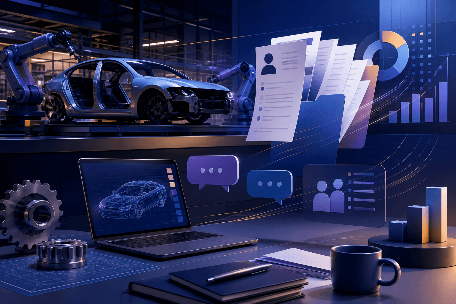 Editorial illustration for a guide on how to get a job at General Motors, showing an automotive manufacturing workspace with abstract interview and resume motifs.