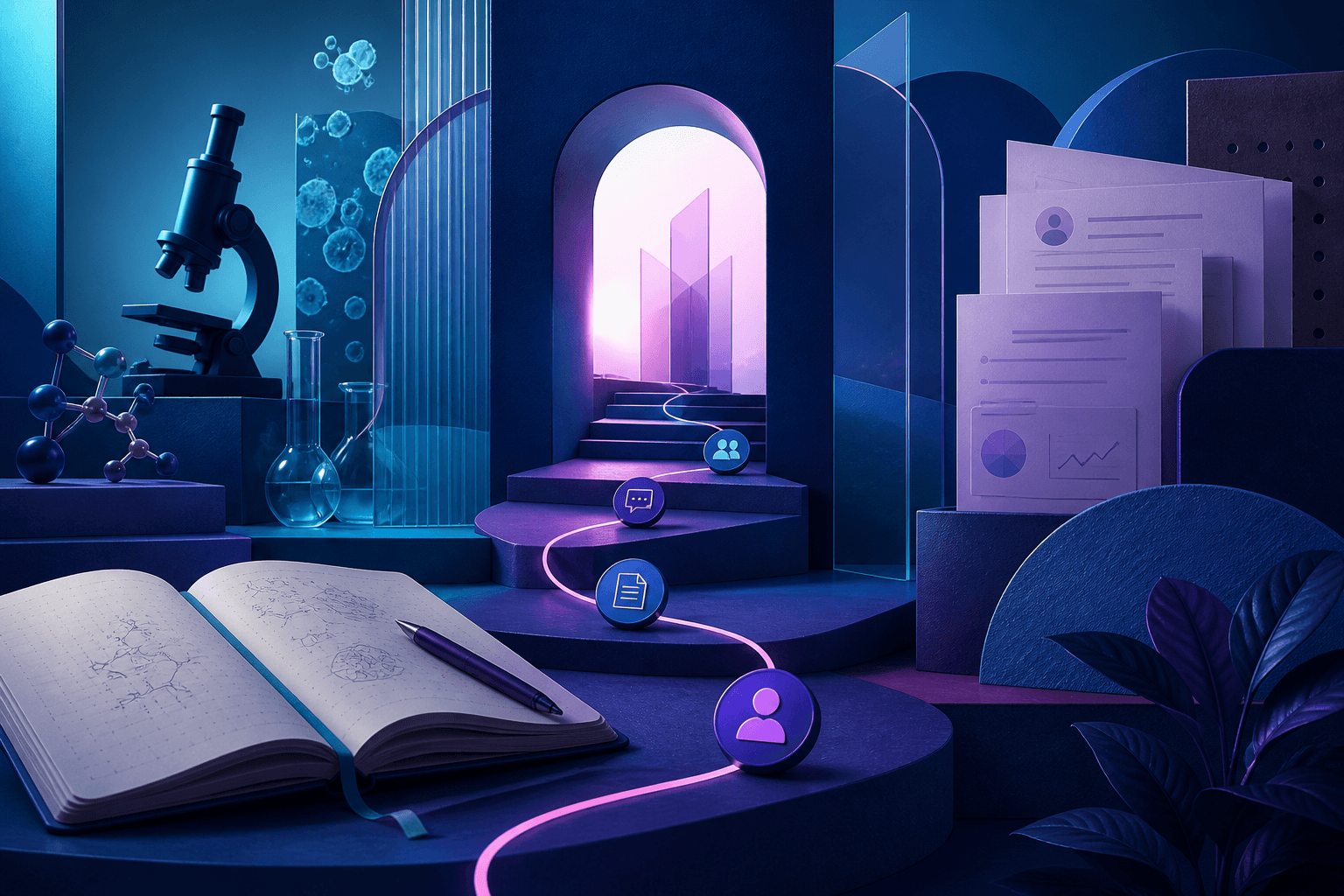 Editorial illustration for a Gilead Sciences hiring guide with scientific and workplace visuals, showing a candidate application journey in a healthcare and life sciences setting.