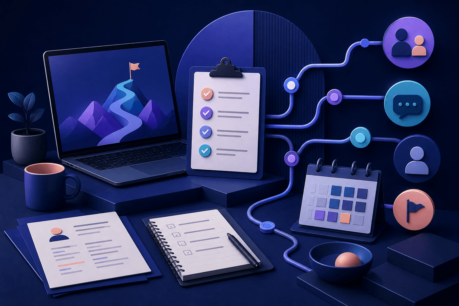 Editorial illustration for a guide on how to get a job at GitLab, showing a remote hiring workflow with laptop, interview notes, checklist, and abstract office elements in dark blue and violet tones.