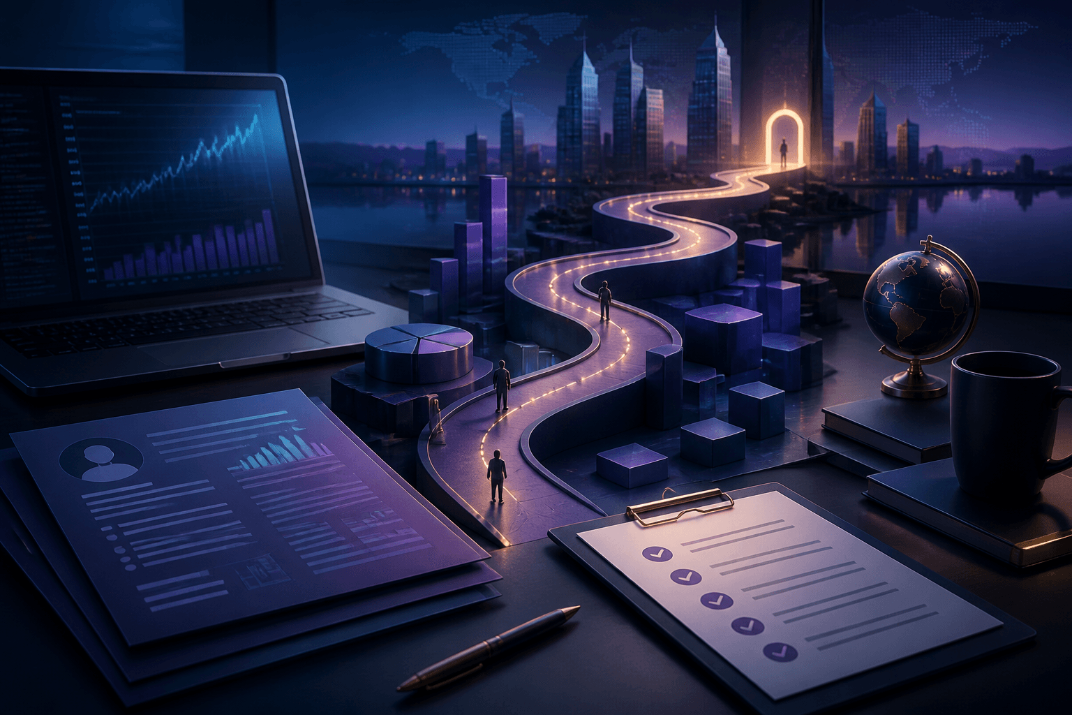 Editorial illustration for a guide on how to get a job at Goldman Sachs, showing finance and technology tools on a modern desk.