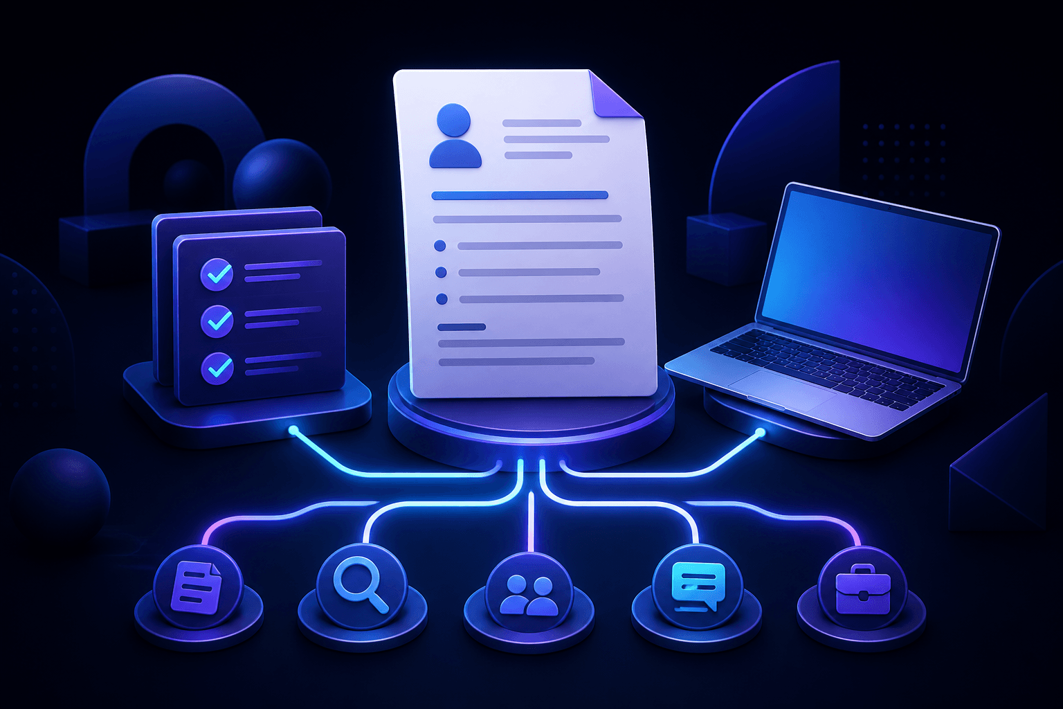 Editorial illustration for a guide on how to get a job at Google, showing a resume, interview checklist, laptop, and abstract hiring pathway in a modern dark blue and violet style.