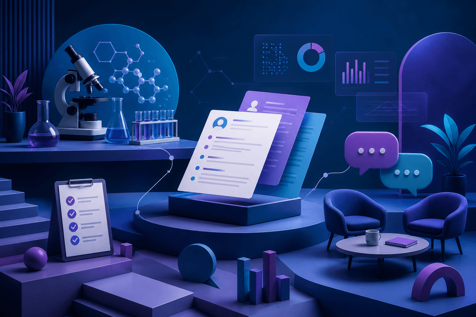Editorial illustration for a job search guide about applying to GSK, showing a healthcare and life sciences workplace theme with abstract documents, interview icons, and lab and technology elements.