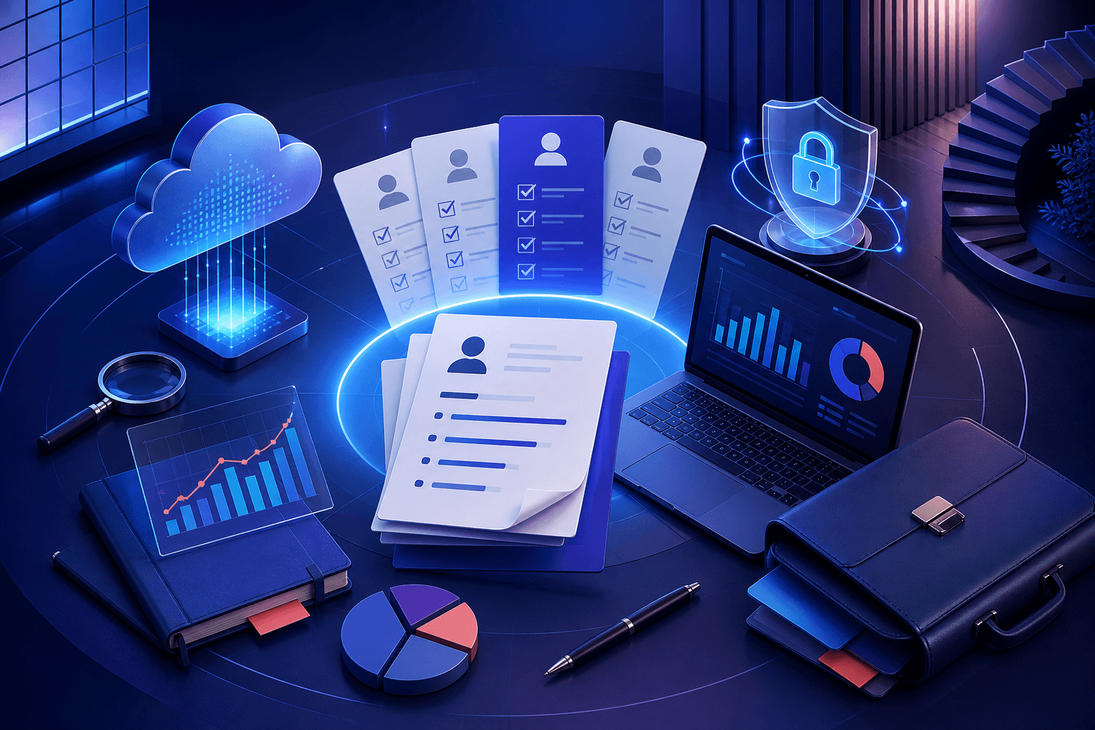 Editorial illustration for a Guidehouse hiring guide, showing consulting and technology workplace elements, resumes, interview notes, and abstract career pathways in a dark blue and violet palette.