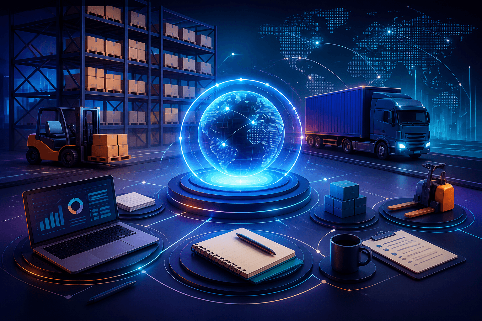 Editorial illustration for a guide on how to get a job at GXO Logistics, showing warehouse shelves, a delivery truck, a laptop, and abstract logistics network elements.