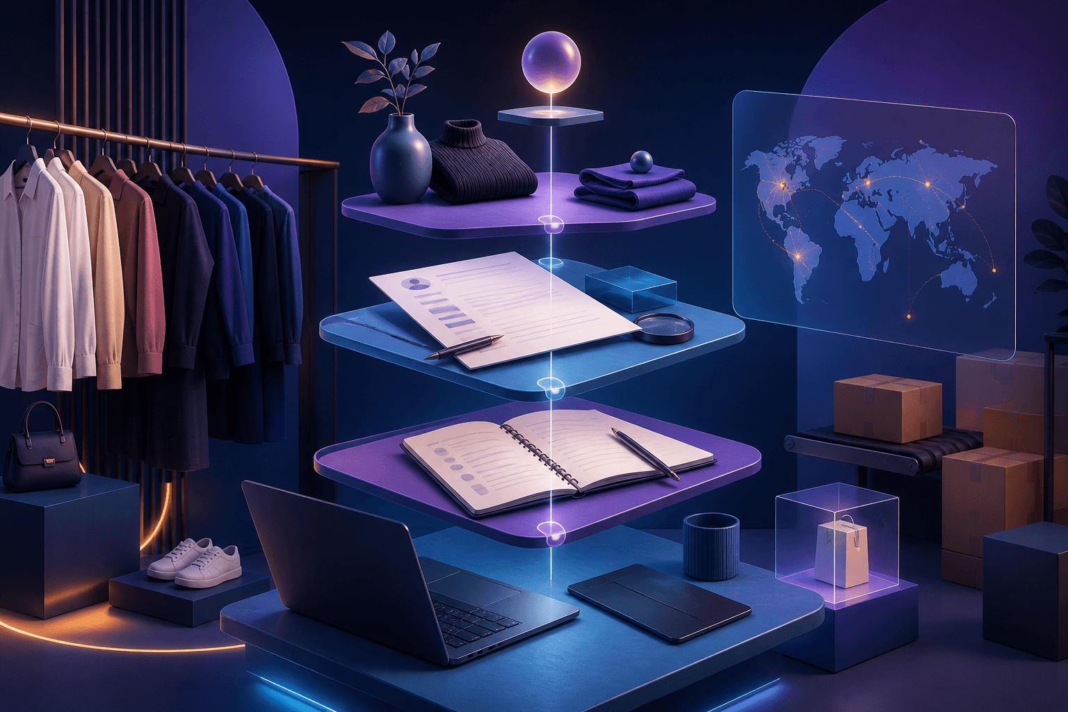 Editorial illustration for a guide on how to get a job at H&M, showing a modern retail workspace with resume pages, a laptop, interview notes, and abstract fashion and logistics elements.