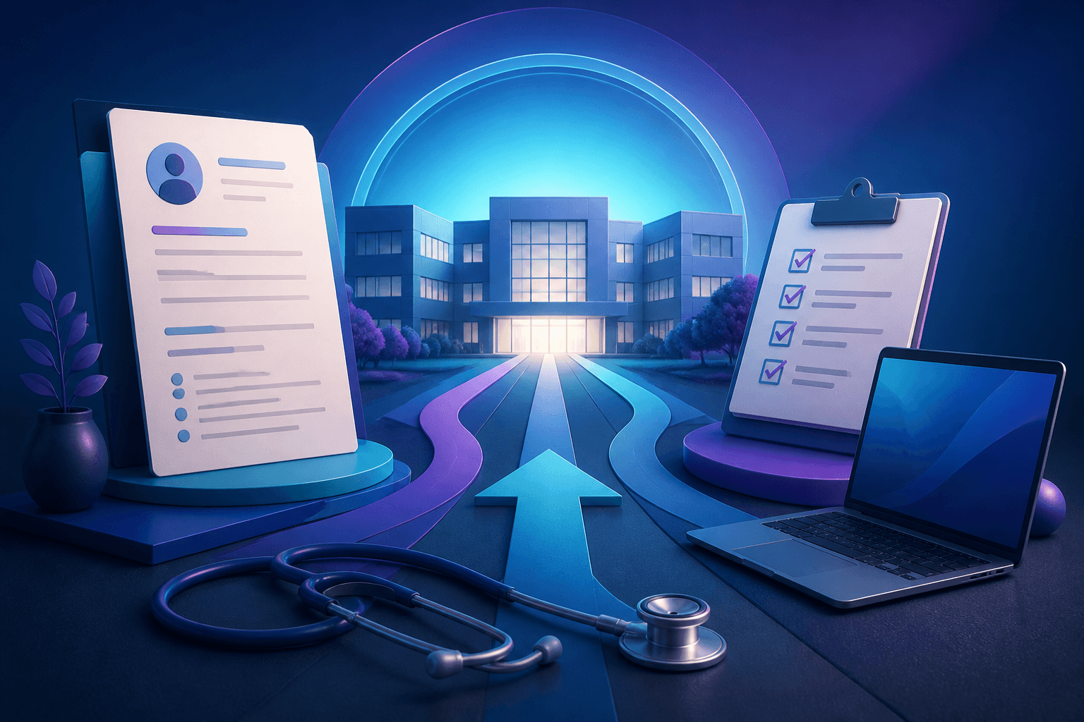 Editorial illustration for a guide on how to get a job at HCA Healthcare, showing a healthcare career path with resume, interview, and hospital work symbols.
