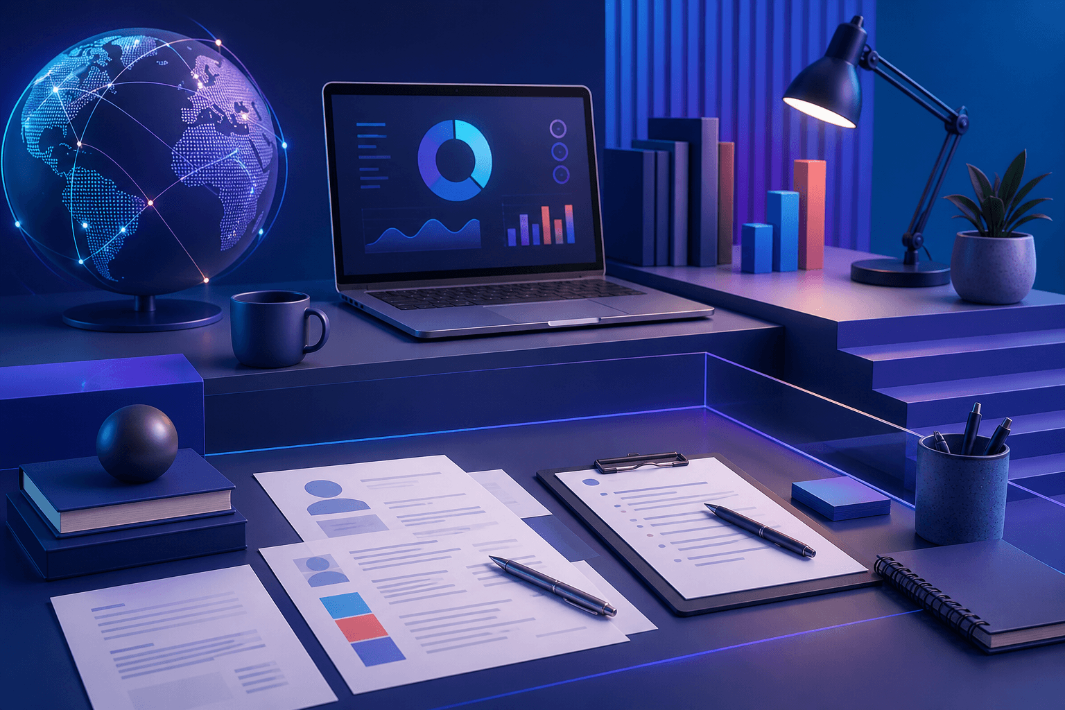 Editorial illustration for a job search guide about applying to HCLTech, showing resume documents, interview prep notes, and modern workplace symbols in a dark blue and violet theme.