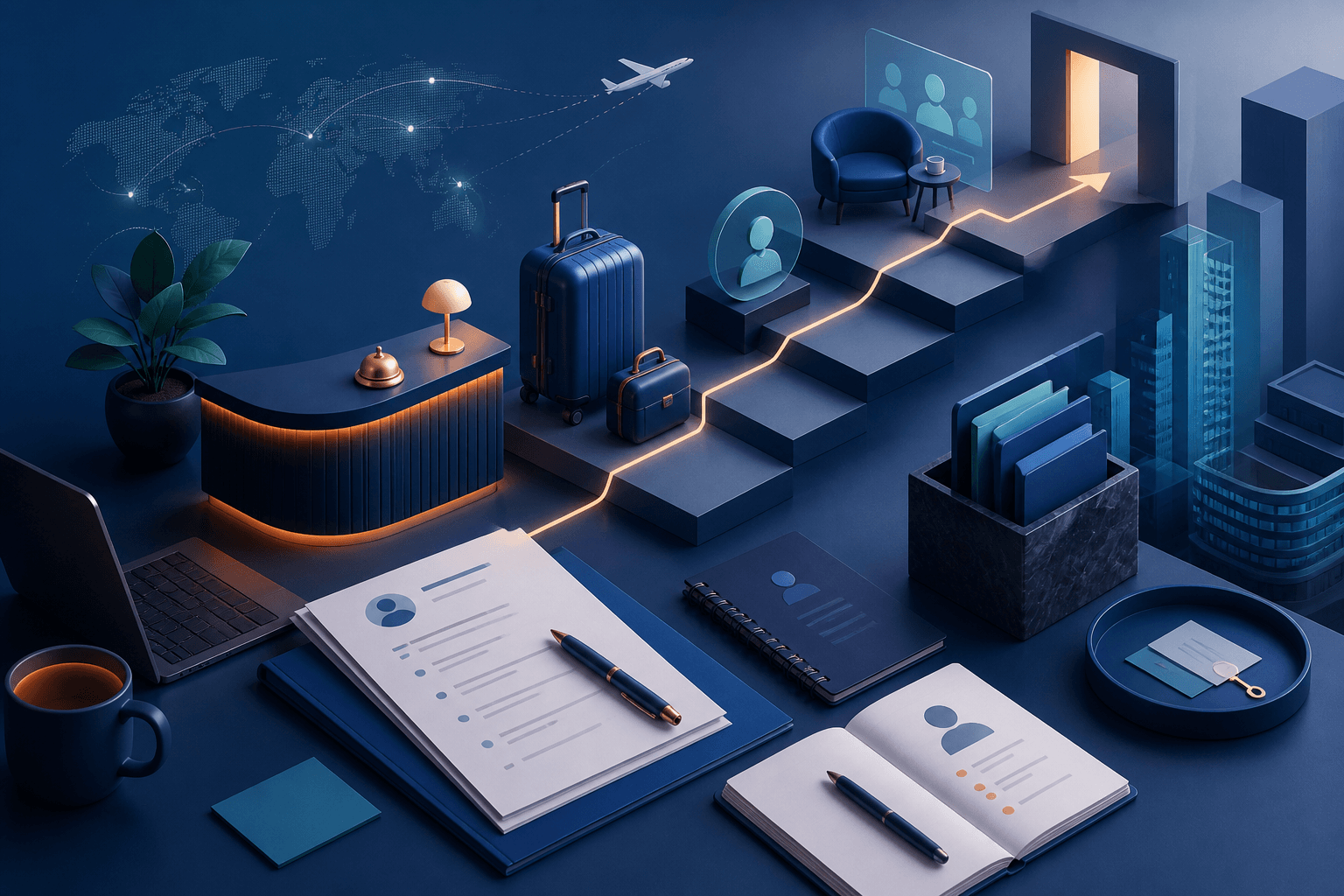 Modern editorial illustration for a Hilton hiring guide, showing hospitality and corporate job search themes with abstract workplace elements.