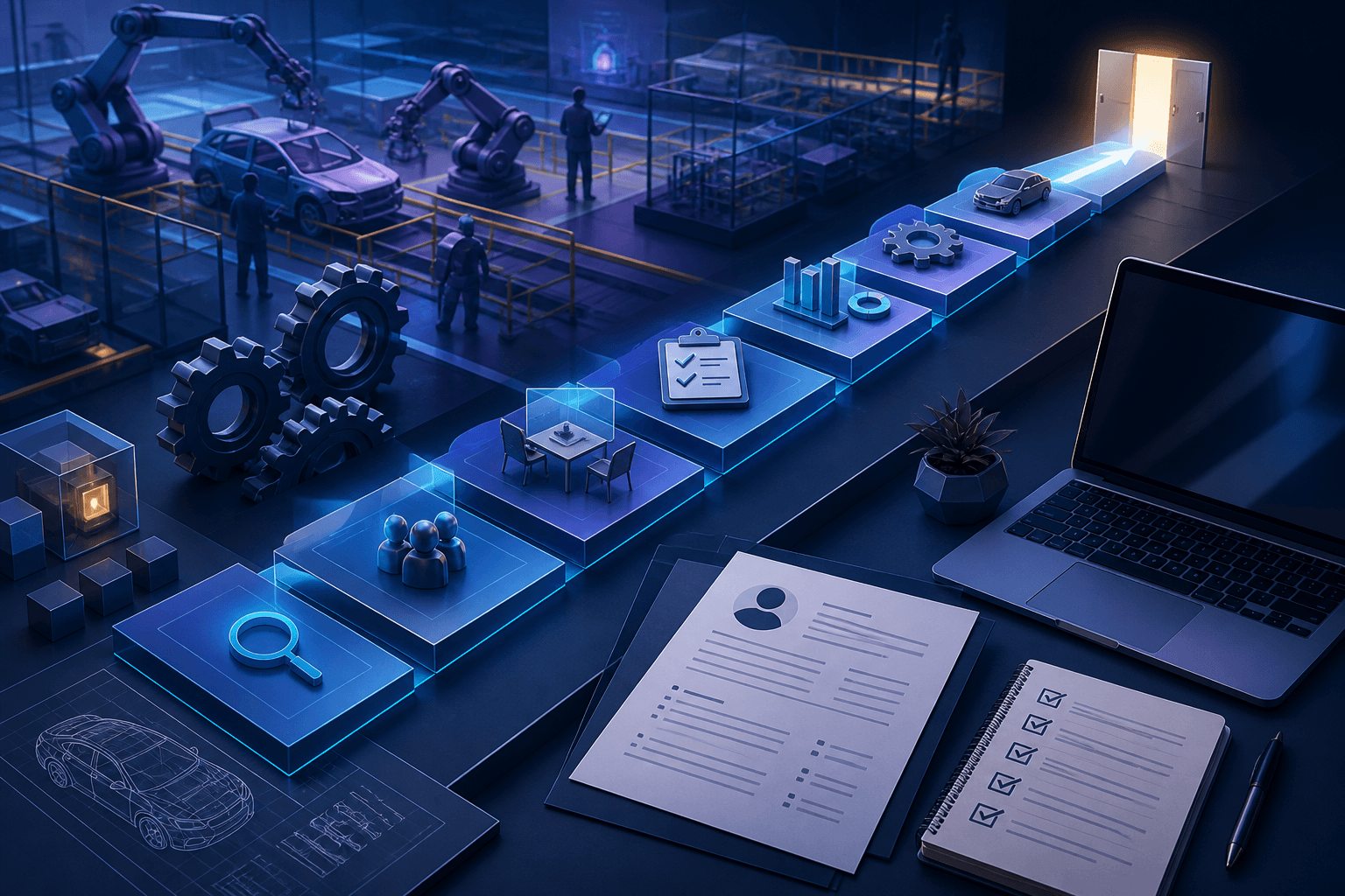 Editorial illustration for a guide on how to get a job at Honda, showing a modern manufacturing and engineering hiring scene with documents, interview icons, and factory-inspired abstract shapes.