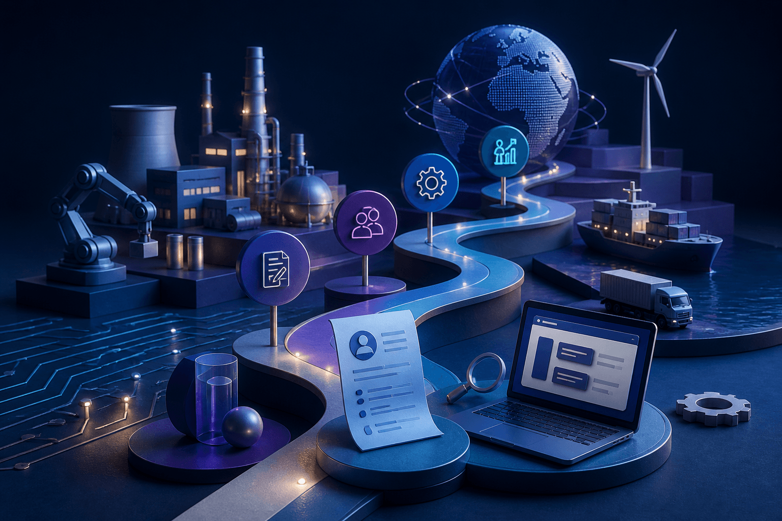 Editorial illustration for a Honeywell hiring guide with industrial and technical workplace elements, showing a job search theme.