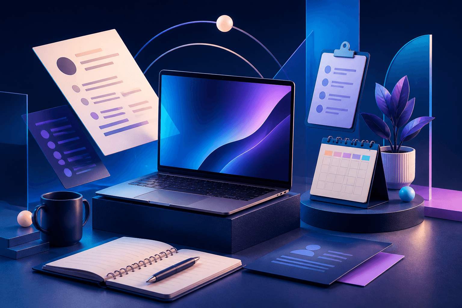 Editorial illustration for a guide on how to get a job at HP Inc., showing a modern job-search workspace with resume pages, interview notes, a laptop, and abstract technology shapes in a dark blue, violet, and cyan palette.