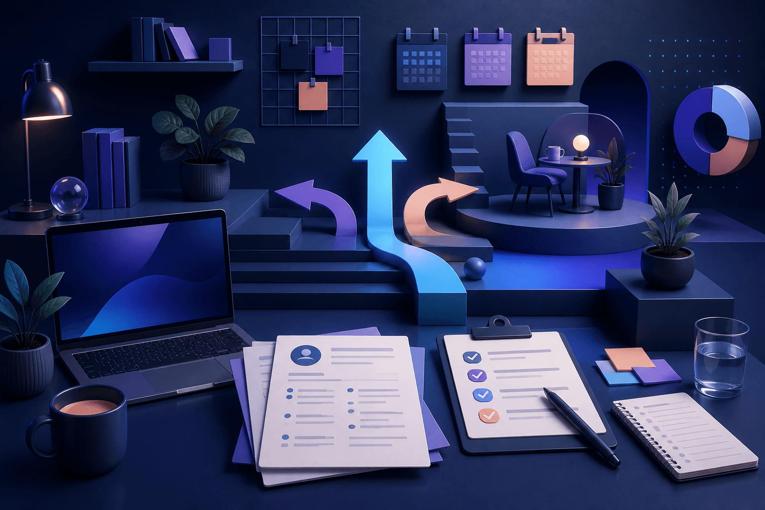 Editorial illustration for a guide on how to get a job at HubSpot, showing a modern hiring workspace with resume pages, interview notes, and abstract career-path elements.