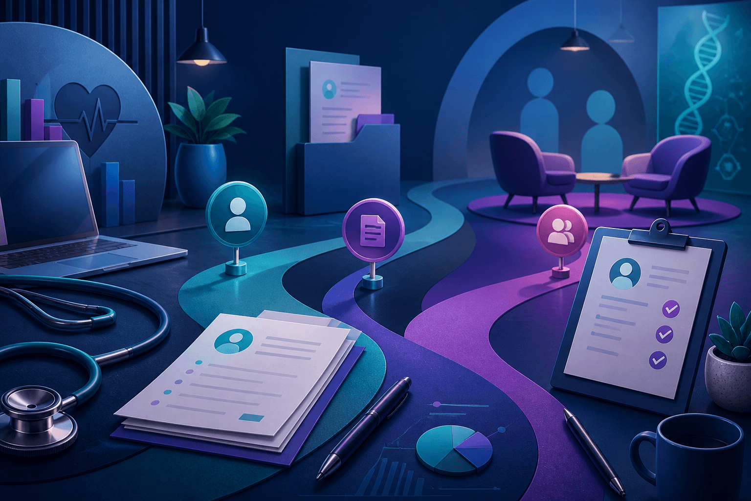 Editorial illustration for a guide on how to get a job at Humana, showing healthcare and office work objects in a modern abstract layout.