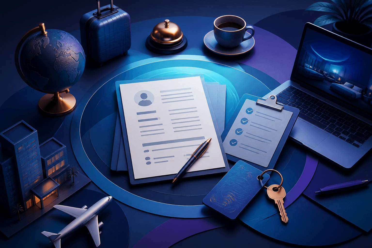 Editorial illustration for a guide on how to get a job at Hyatt, showing a hospitality workplace, resume, interview notes, and travel-inspired office objects in a dark blue and violet theme.