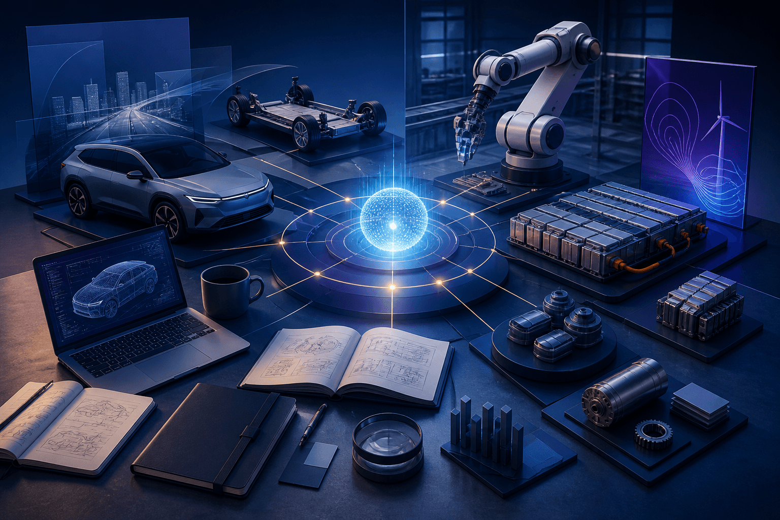 Editorial illustration for a guide on how to get a job at Hyundai Motor Group, showing a modern industrial workspace with a laptop, robotic arm, battery modules, and abstract mobility elements.