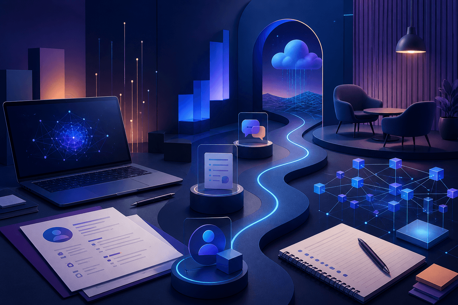 Editorial illustration for a guide on how to get a job at IBM, showing a modern tech workplace with abstract charts, laptop, interview notes, and enterprise-style design elements.